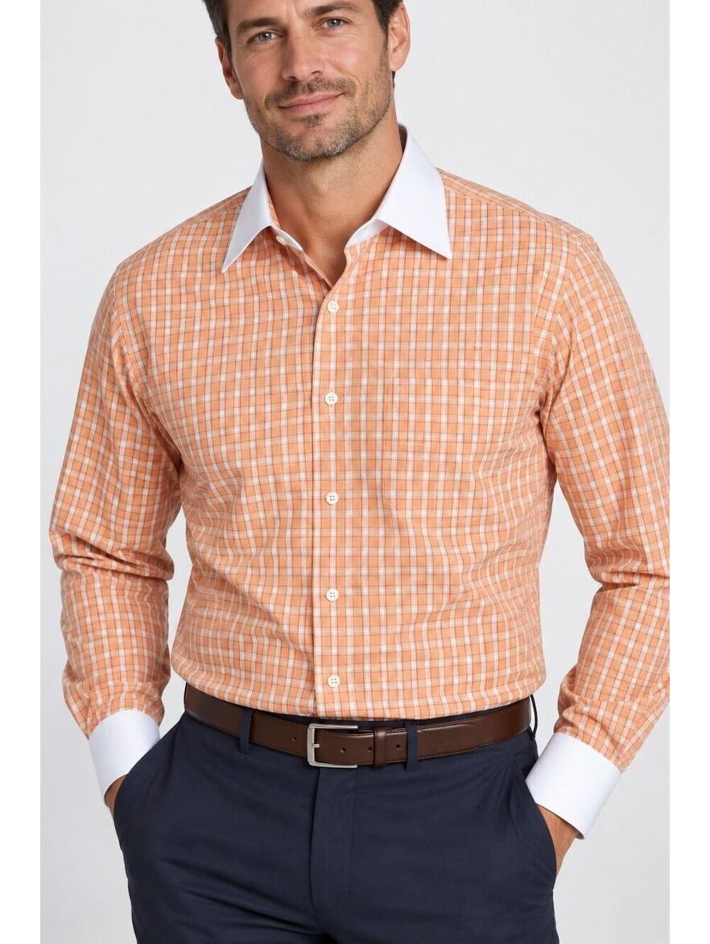 Paul Fredrick Men's 16.5/32 Mango Plaid Dress Shirt 100% Cotton French Cuff